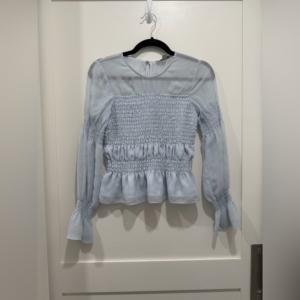 All Saints Light Blue Smocked Peplum Blouse - Picture 4 of 8